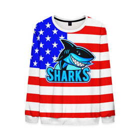 Мужской свитшот 3D с принтом Sharks USA в Белгороде, 100% полиэстер с мягким внутренним слоем | круглый вырез горловины, мягкая резинка на манжетах и поясе, свободная посадка по фигуре | sharks | usa | акула | америка | американец | символика америки | сша