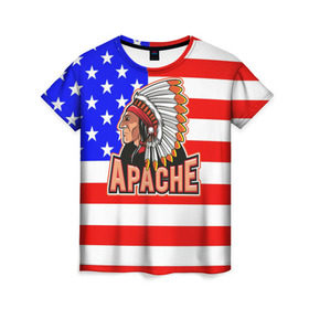 Женская футболка 3D с принтом Apache в Белгороде, 100% полиэфир ( синтетическое хлопкоподобное полотно) | прямой крой, круглый вырез горловины, длина до линии бедер | apache | usa | америка | американец | индейцы | символика америки | сша
