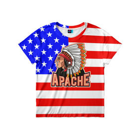 Детская футболка 3D с принтом Apache в Белгороде, 100% гипоаллергенный полиэфир | прямой крой, круглый вырез горловины, длина до линии бедер, чуть спущенное плечо, ткань немного тянется | apache | usa | америка | американец | индейцы | символика америки | сша