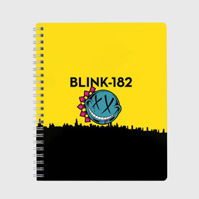 Тетрадь с принтом Blink-182 город в Белгороде, 100% бумага | 48 листов, плотность листов — 60 г/м2, плотность картонной обложки — 250 г/м2. Листы скреплены сбоку удобной пружинной спиралью. Уголки страниц и обложки скругленные. Цвет линий — светло-серый
 | blink | альтернативный рок | блинк | город | желтый | марк хоппус | музыка | мэтт скиба | панк | панк рок | песни | поп панк | рок | скейт панк | смайл | солнце | трэвис баркер