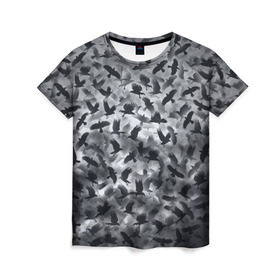 Женская футболка 3D с принтом Вороны в Белгороде, 100% полиэфир ( синтетическое хлопкоподобное полотно) | прямой крой, круглый вырез горловины, длина до линии бедер | ворон | ворона | воронье | небо | паттрен | птицы | серый | стая | текстура | хеллоуин