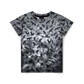 Детская футболка 3D с принтом Вороны в Белгороде, 100% гипоаллергенный полиэфир | прямой крой, круглый вырез горловины, длина до линии бедер, чуть спущенное плечо, ткань немного тянется | ворон | ворона | воронье | небо | паттрен | птицы | серый | стая | текстура | хеллоуин