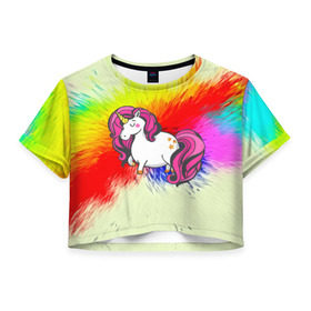 Женская футболка 3D укороченная с принтом Радужный Единорог в Белгороде, 100% полиэстер | круглая горловина, длина футболки до линии талии, рукава с отворотами | краска | радуга | радужный единорог