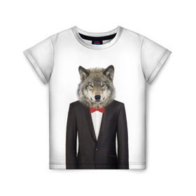 Детская футболка 3D с принтом Волк в Белгороде, 100% гипоаллергенный полиэфир | прямой крой, круглый вырез горловины, длина до линии бедер, чуть спущенное плечо, ткань немного тянется | бабочка | волк | животные | костюм | природа | смокинг | собака