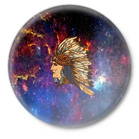 Значок с принтом Индейский шаман в Белгороде,  металл | круглая форма, металлическая застежка в виде булавки | индеец | космос | перья | шаман