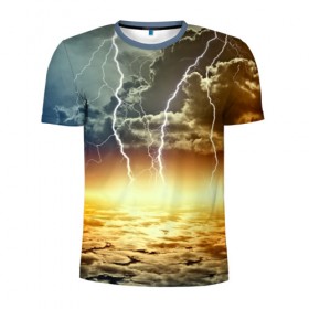 Мужская футболка 3D спортивная с принтом Удар молнии в Белгороде, 100% полиэстер с улучшенными характеристиками | приталенный силуэт, круглая горловина, широкие плечи, сужается к линии бедра | молния | облака | природа | стихия | тучи