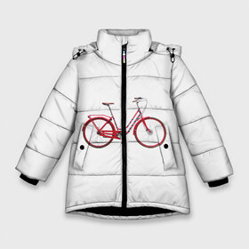 Зимняя куртка для девочек 3D с принтом Велосипед в Белгороде, ткань верха — 100% полиэстер; подклад — 100% полиэстер, утеплитель — 100% полиэстер. | длина ниже бедра, удлиненная спинка, воротник стойка и отстегивающийся капюшон. Есть боковые карманы с листочкой на кнопках, утяжки по низу изделия и внутренний карман на молнии. 

Предусмотрены светоотражающий принт на спинке, радужный светоотражающий элемент на пуллере молнии и на резинке для утяжки. | Тематика изображения на принте: bicycle | байсикл | велик | красный | москва | педали