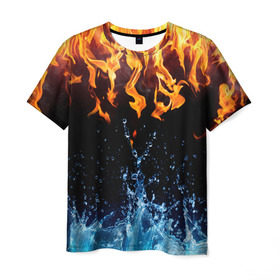 Мужская футболка 3D с принтом Две стихии в Белгороде, 100% полиэфир | прямой крой, круглый вырез горловины, длина до линии бедер | cold | fire | ice | вода water | лёд | огонь | пламя | стихиz | холод