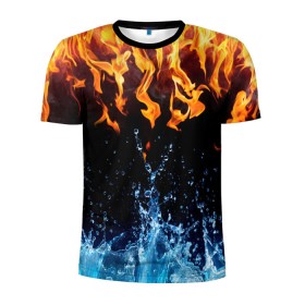 Мужская футболка 3D спортивная с принтом Две стихии в Белгороде, 100% полиэстер с улучшенными характеристиками | приталенный силуэт, круглая горловина, широкие плечи, сужается к линии бедра | cold | fire | ice | вода water | лёд | огонь | пламя | стихиz | холод