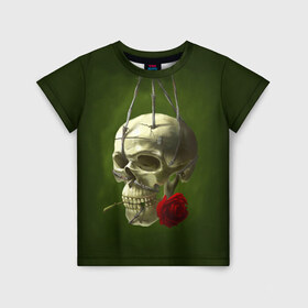 Детская футболка 3D с принтом Череп и роза в Белгороде, 100% гипоаллергенный полиэфир | прямой крой, круглый вырез горловины, длина до линии бедер, чуть спущенное плечо, ткань немного тянется | Тематика изображения на принте: кости | роза | скелет | хэллоуин | цветок | цветы | череп