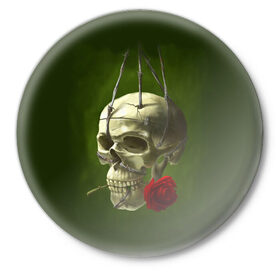 Значок с принтом Череп и роза в Белгороде,  металл | круглая форма, металлическая застежка в виде булавки | кости | роза | скелет | хэллоуин | цветок | цветы | череп