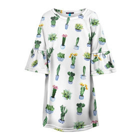 Детское платье 3D с принтом Кактусы в Белгороде, 100% полиэстер | прямой силуэт, чуть расширенный к низу. Круглая горловина, на рукавах — воланы | горшок | зеленый | кактус | принт | растение | флора | цветы