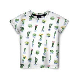 Детская футболка 3D с принтом Кактусы в Белгороде, 100% гипоаллергенный полиэфир | прямой крой, круглый вырез горловины, длина до линии бедер, чуть спущенное плечо, ткань немного тянется | горшок | зеленый | кактус | принт | растение | флора | цветы