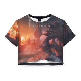 Женская футболка 3D укороченная с принтом Stellaris в Белгороде, 100% полиэстер | круглая горловина, длина футболки до линии талии, рукава с отворотами | stellaris