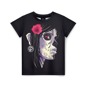Детская футболка 3D с принтом Dia de Muertos в Белгороде, 100% гипоаллергенный полиэфир | прямой крой, круглый вырез горловины, длина до линии бедер, чуть спущенное плечо, ткань немного тянется | женщина | мексика | праздник | скелет | хэллоуин | череп