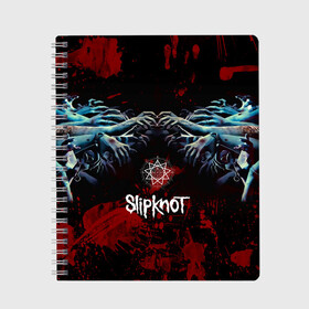 Тетрадь с принтом Slipknot руки зомби в Белгороде, 100% бумага | 48 листов, плотность листов — 60 г/м2, плотность картонной обложки — 250 г/м2. Листы скреплены сбоку удобной пружинной спиралью. Уголки страниц и обложки скругленные. Цвет линий — светло-серый
 | slipknot | альтернативный метал | андерс | брызги | грув метал | капли | колсефни | кори | кровь | метал | ню метал | ок | слипкнот | тейлор