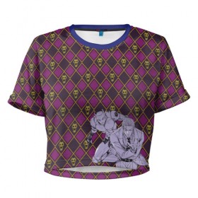 Женская футболка 3D укороченная с принтом Killer Queen x Kira Yoshikage в Белгороде, 100% полиэстер | круглая горловина, длина футболки до линии талии, рукава с отворотами | jojo | killer queen | kira yoshikage