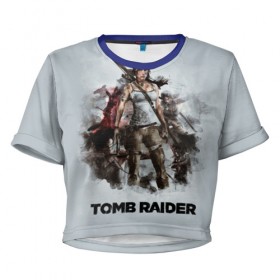 Женская футболка 3D укороченная с принтом TOMB RAIDER в Белгороде, 100% полиэстер | круглая горловина, длина футболки до линии талии, рукава с отворотами | game | girl | gun | lara croft | tomb raider | девушка | игра | оружие | пистолет