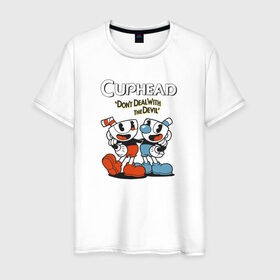 Мужская футболка хлопок с принтом Cuphead Mugman в Белгороде, 100% хлопок | прямой крой, круглый вырез горловины, длина до линии бедер, слегка спущенное плечо. | Тематика изображения на принте: cuphead | game | games