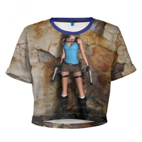Женская футболка 3D укороченная с принтом TOMB RAIDER в Белгороде, 100% полиэстер | круглая горловина, длина футболки до линии талии, рукава с отворотами | game | girl | gun | lara croft | tomb raider | девушка | игра | оружие | пистолет