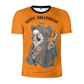 Мужская футболка 3D спортивная с принтом Happy Halloween в Белгороде, 100% полиэстер с улучшенными характеристиками | приталенный силуэт, круглая горловина, широкие плечи, сужается к линии бедра | helloween |  хэллоуин | день всех святых | крик | нож | праздник | ужас | хеллоуин | хеловин | хелоуин