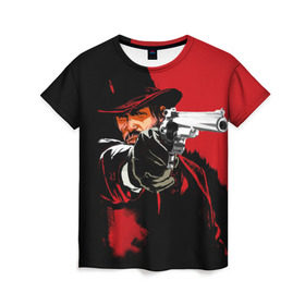 Женская футболка 3D с принтом Red Dead Redemption в Белгороде, 100% полиэфир ( синтетическое хлопкоподобное полотно) | прямой крой, круглый вырез горловины, длина до линии бедер | cowboy | game | gun | jim | red dead redemption | rockstar | west | вестерн | дикий запад | игра | ковбой | оружие | пистолет