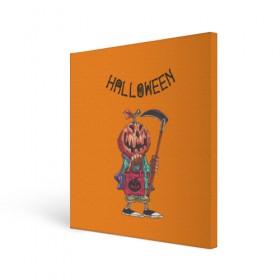 Холст квадратный с принтом Тыква с косой в Белгороде, 100% ПВХ |  | halloween | helloween | голова | день всех святых | коса | светильник джека | фонарт джека | хеллоуин | хеловин | хэллоуин