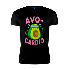 Мужская футболка премиум с принтом Avo-Cardio в Белгороде, 92% хлопок, 8% лайкра | приталенный силуэт, круглый вырез ворота, длина до линии бедра, короткий рукав | Тематика изображения на принте: авокадо | еда | кардио | спорт
