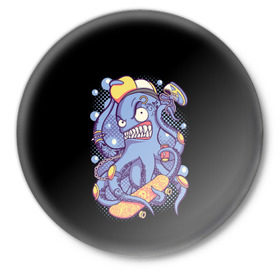 Значок с принтом Octopus Skater в Белгороде,  металл | круглая форма, металлическая застежка в виде булавки | Тематика изображения на принте: octopus skater | осьминог | скейт | спорт
