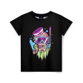 Детская футболка 3D с принтом Водолаз в Белгороде, 100% гипоаллергенный полиэфир | прямой крой, круглый вырез горловины, длина до линии бедер, чуть спущенное плечо, ткань немного тянется | skull | водолаз | тропики | череп
