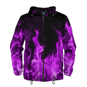Мужская ветровка 3D с принтом Фиолетовый огонь в Белгороде, 100% полиэстер | подол и капюшон оформлены резинкой с фиксаторами, два кармана без застежек по бокам, один потайной карман на груди | Тематика изображения на принте: лиловый | пламя | яркий
