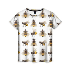 Женская футболка 3D с принтом Пчелы в Белгороде, 100% полиэфир ( синтетическое хлопкоподобное полотно) | прямой крой, круглый вырез горловины, длина до линии бедер | белый | желтый | крылья | мед | черный