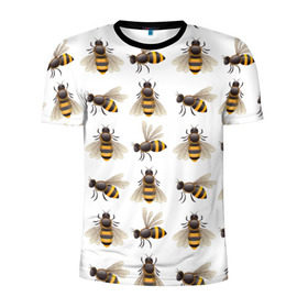 Мужская футболка 3D спортивная с принтом Пчелы в Белгороде, 100% полиэстер с улучшенными характеристиками | приталенный силуэт, круглая горловина, широкие плечи, сужается к линии бедра | белый | желтый | крылья | мед | черный