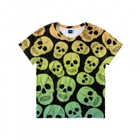 Детская футболка 3D с принтом Веселый хэллоуин в Белгороде, 100% гипоаллергенный полиэфир | прямой крой, круглый вырез горловины, длина до линии бедер, чуть спущенное плечо, ткань немного тянется | Тематика изображения на принте: зеленый | кости | цвет | череп | черный