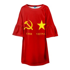 Детское платье 3D с принтом СССР и Вьетнам в Белгороде, 100% полиэстер | прямой силуэт, чуть расширенный к низу. Круглая горловина, на рукавах — воланы | братство | вьетнам | герб | дружба | россия | русь | рф | ссср | флаг