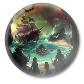 Значок с принтом Sea of thieves в Белгороде,  металл | круглая форма, металлическая застежка в виде булавки | mmo | море | пират | пираты | сокровища | сокровище