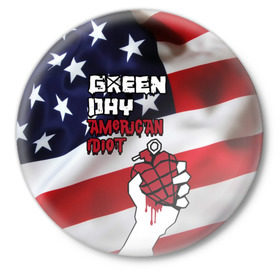 Значок с принтом Green Day American Idiot в Белгороде,  металл | круглая форма, металлическая застежка в виде булавки | american idiot | green day | альтернативный | билли джо армстронг | грин дей | группа | зелёный день | майк дёрнт | музыка | панк | поп | поппанк | рок | сша | тре кул | флаг