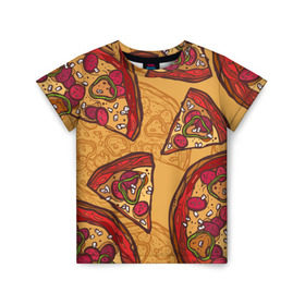 Детская футболка 3D с принтом Пицца в Белгороде, 100% гипоаллергенный полиэфир | прямой крой, круглый вырез горловины, длина до линии бедер, чуть спущенное плечо, ткань немного тянется | Тематика изображения на принте: pattern | pizza | еда | пицца | узор