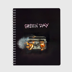 Тетрадь с принтом Green Day магнитофон в огне в Белгороде, 100% бумага | 48 листов, плотность листов — 60 г/м2, плотность картонной обложки — 250 г/м2. Листы скреплены сбоку удобной пружинной спиралью. Уголки страниц и обложки скругленные. Цвет линий — светло-серый
 | Тематика изображения на принте: american idiot | green day | альтернативный | билли джо армстронг | грин дей | группа | зелёный день | майк дёрнт | музыка | панк | поп | поппанк | рок | тре кул