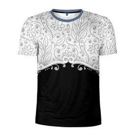 Мужская футболка 3D спортивная с принтом Флористика в Белгороде, 100% полиэстер с улучшенными характеристиками | приталенный силуэт, круглая горловина, широкие плечи, сужается к линии бедра | Тематика изображения на принте: лист | серый | узор | цветы | черный