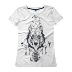Женская футболка 3D с принтом Этно волк в Белгороде, 100% полиэфир ( синтетическое хлопкоподобное полотно) | прямой крой, круглый вырез горловины, длина до линии бедер | амулет | волк | животное | перо | этнические