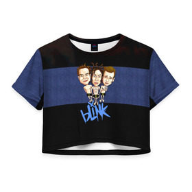 Женская футболка 3D укороченная с принтом Группа Blink-182 в Белгороде, 100% полиэстер | круглая горловина, длина футболки до линии талии, рукава с отворотами | blink | альтернативный рок | блинк | группа | марк хоппус | музыка | мэтт скиба | надпись | панк | панк рок | песни | поп панк | рок | синий | скейт панк | трэвис баркер