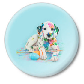 Значок с принтом Юный художник в Белгороде,  металл | круглая форма, металлическая застежка в виде булавки | animal | dog | дог | долматинец | друг | краски | собака | художник | щенок