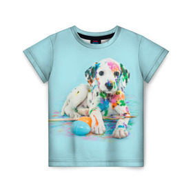 Детская футболка 3D с принтом Юный художник в Белгороде, 100% гипоаллергенный полиэфир | прямой крой, круглый вырез горловины, длина до линии бедер, чуть спущенное плечо, ткань немного тянется | animal | dog | дог | долматинец | друг | краски | собака | художник | щенок