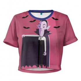 Женская футболка 3D укороченная с принтом Дракула в Белгороде, 100% полиэстер | круглая горловина, длина футболки до линии талии, рукава с отворотами | dracula | halloween | helloween | вампир | день всех святых | детям | для детей | хеллоуин | хеловин | хэллоуин