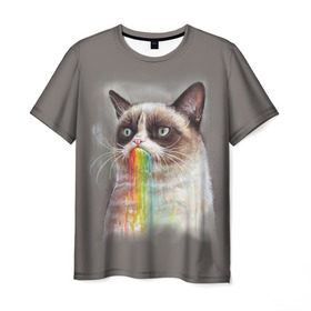 Мужская футболка 3D с принтом Grumpy Cat в Белгороде, 100% полиэфир | прямой крой, круглый вырез горловины, длина до линии бедер | Тематика изображения на принте: animal | cat | grumpy cat | животное | кот | котенок | кошка | радуга