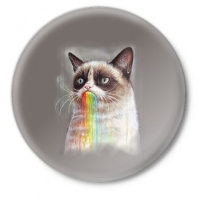 Значок с принтом Grumpy Cat в Белгороде,  металл | круглая форма, металлическая застежка в виде булавки | Тематика изображения на принте: animal | cat | grumpy cat | животное | кот | котенок | кошка | радуга