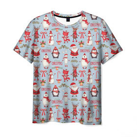 Мужская футболка 3D с принтом Рождественская Милота в Белгороде, 100% полиэфир | прямой крой, круглый вырез горловины, длина до линии бедер | Тематика изображения на принте: дед мороз | заяц | колокольчик | лиса | лисичка | медведь | олень | омела | пингвин | санта клаус