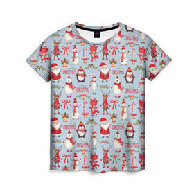 Женская футболка 3D с принтом Рождественская Милота в Белгороде, 100% полиэфир ( синтетическое хлопкоподобное полотно) | прямой крой, круглый вырез горловины, длина до линии бедер | дед мороз | заяц | колокольчик | лиса | лисичка | медведь | олень | омела | пингвин | санта клаус