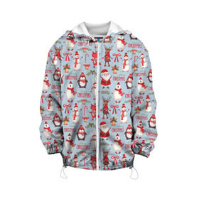 Детская куртка 3D с принтом Рождественская Милота в Белгороде, 100% полиэстер | застежка — молния, подол и капюшон оформлены резинкой с фиксаторами, по бокам — два кармана без застежек, один потайной карман на груди, плотность верхнего слоя — 90 г/м2; плотность флисового подклада — 260 г/м2 | Тематика изображения на принте: дед мороз | заяц | колокольчик | лиса | лисичка | медведь | олень | омела | пингвин | санта клаус